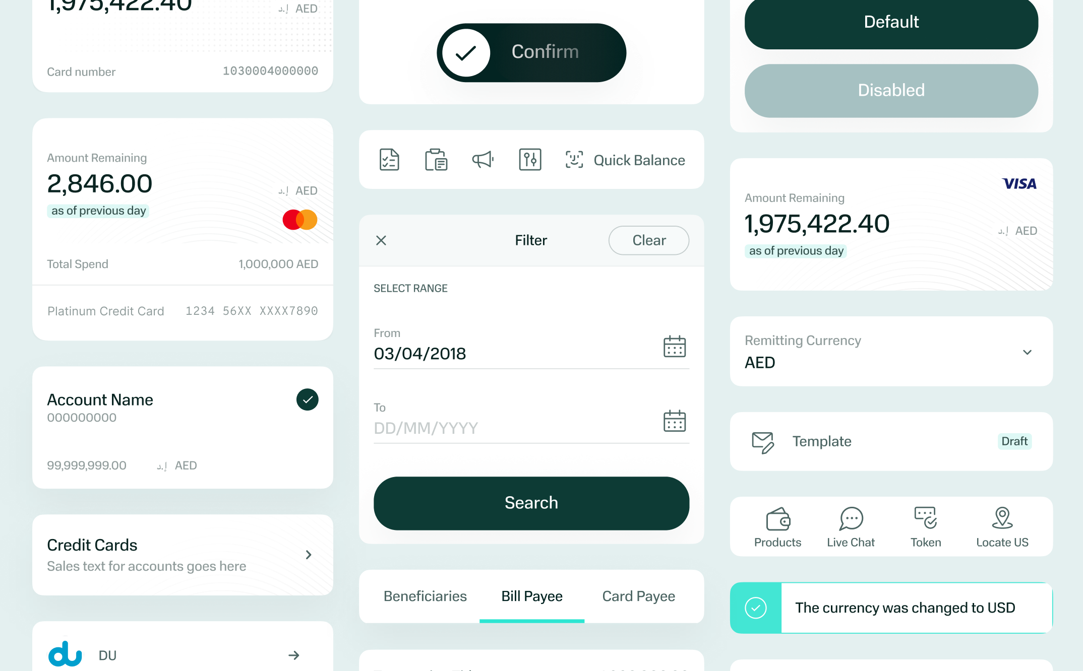 Web banking cards: confirm, filter, accounts and templates