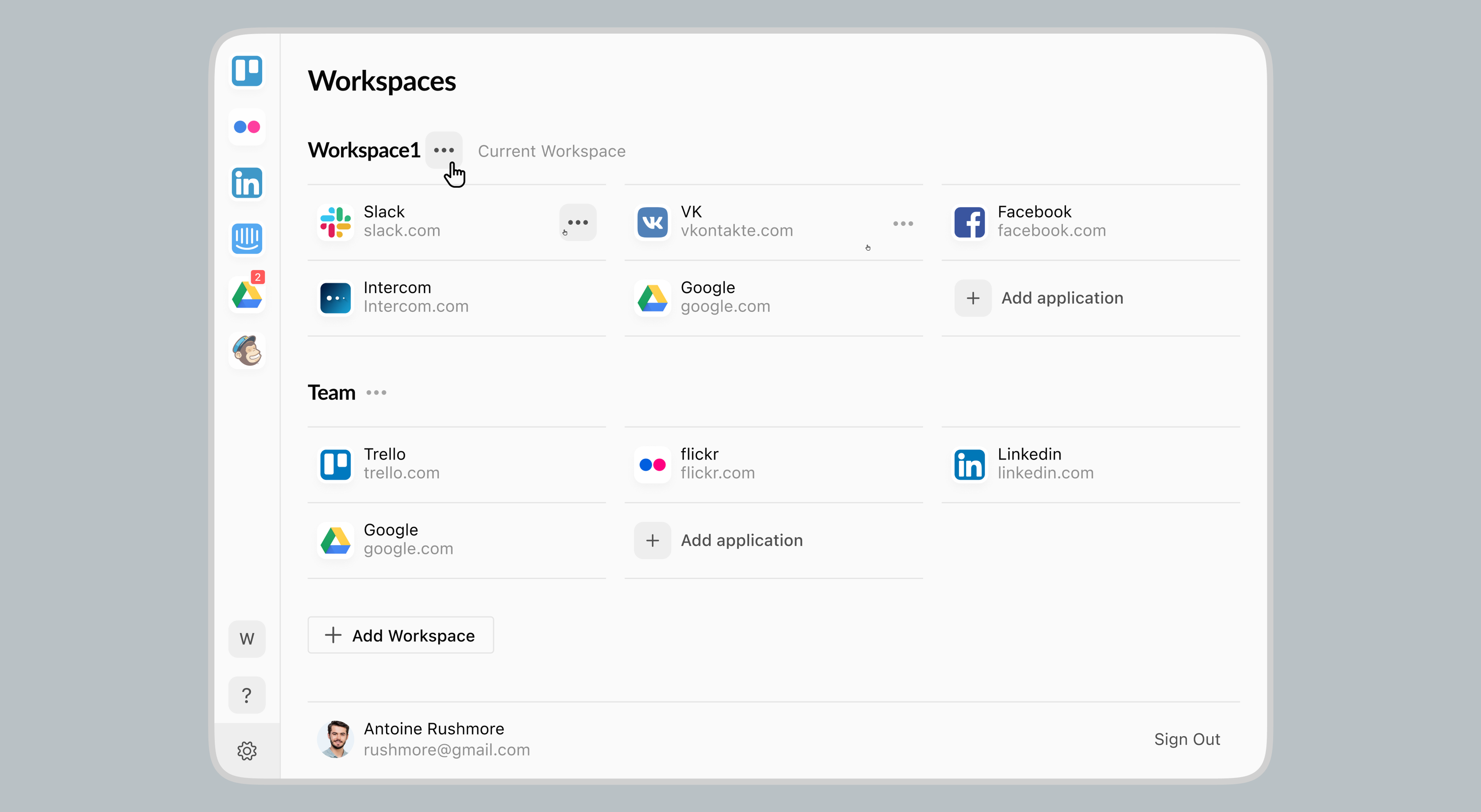Workspaces screen with team