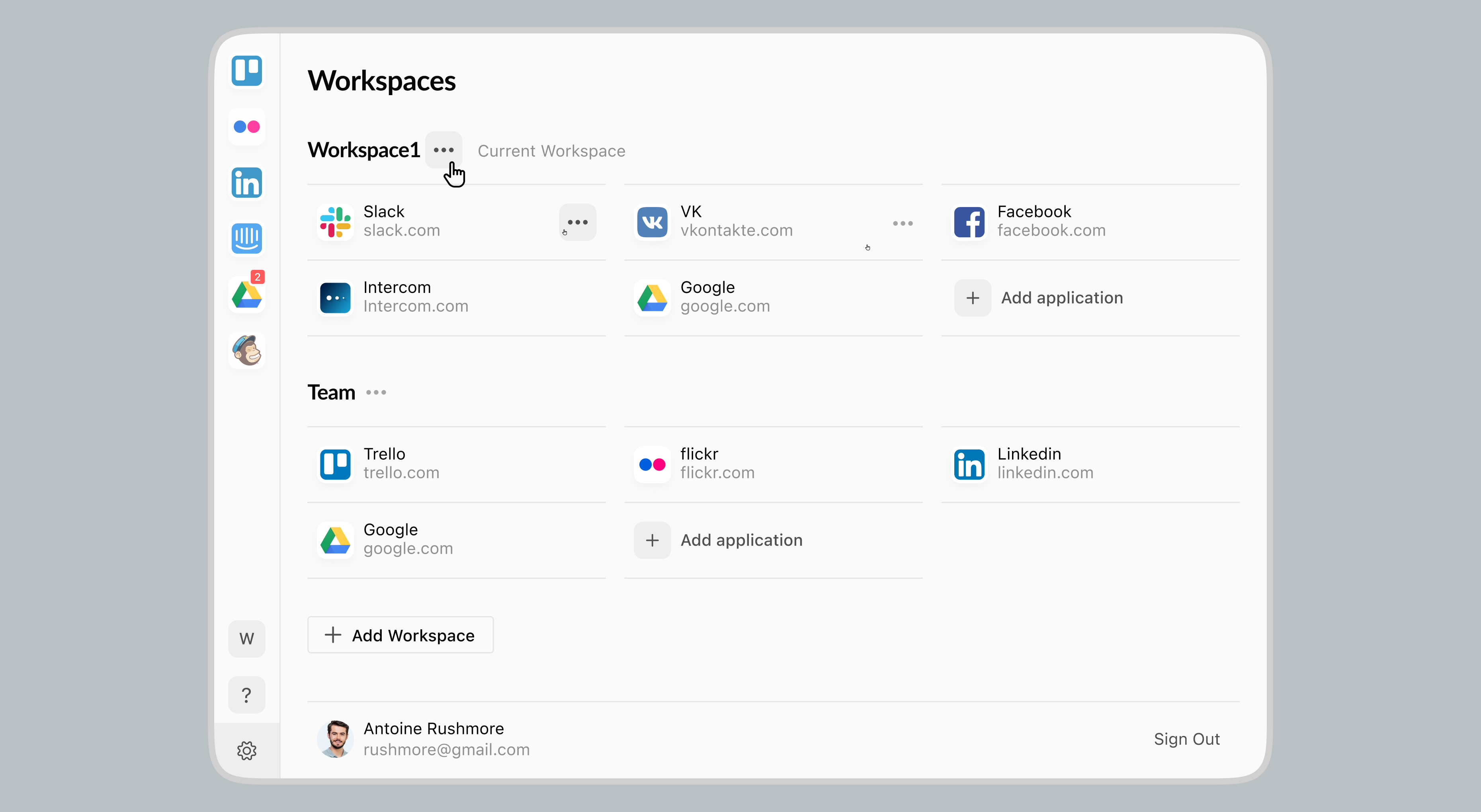 Workspaces screen with team