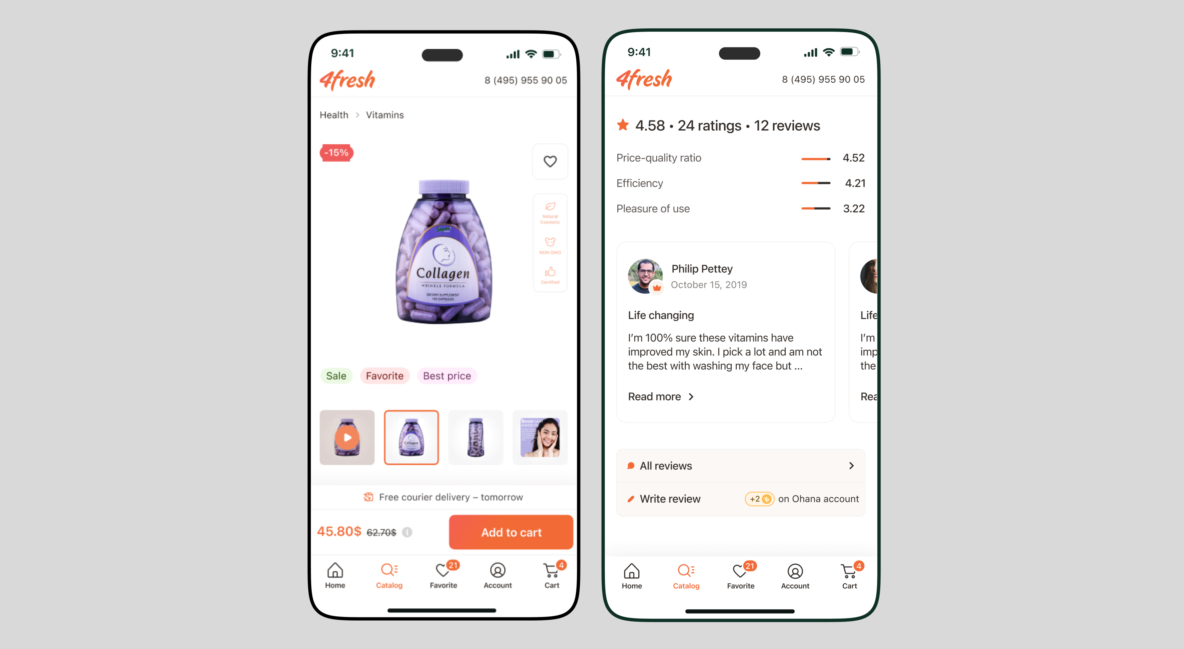 Product card screens on two phones