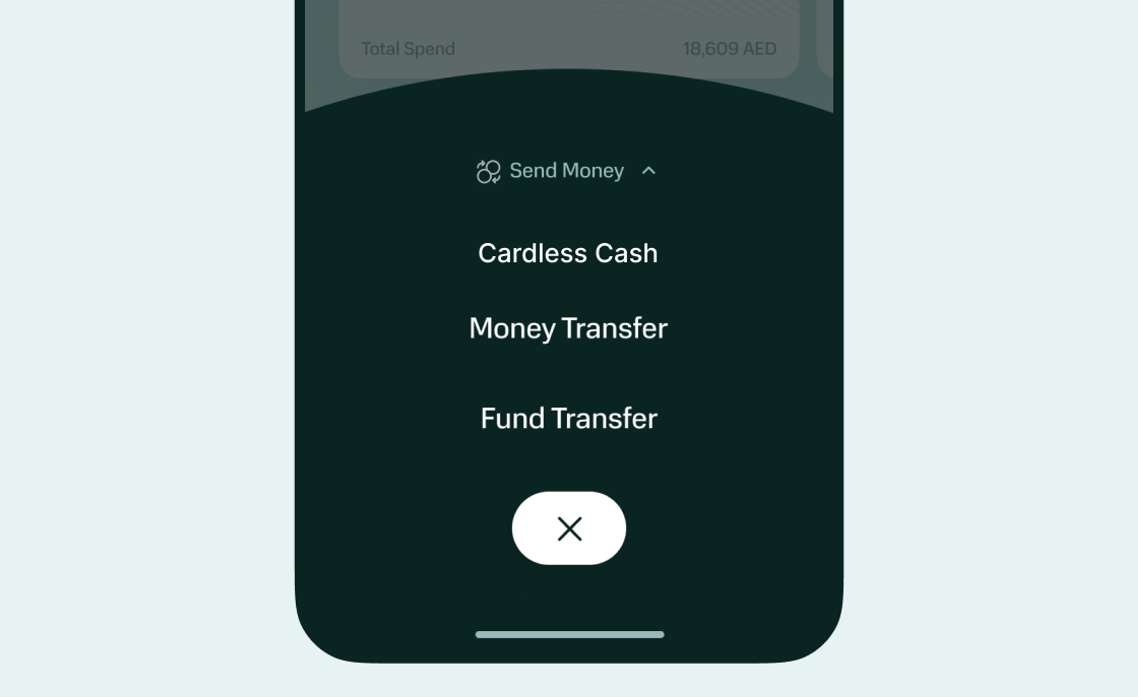 Phone screen with the send money options: cardless cash, money transfer, fund transfer