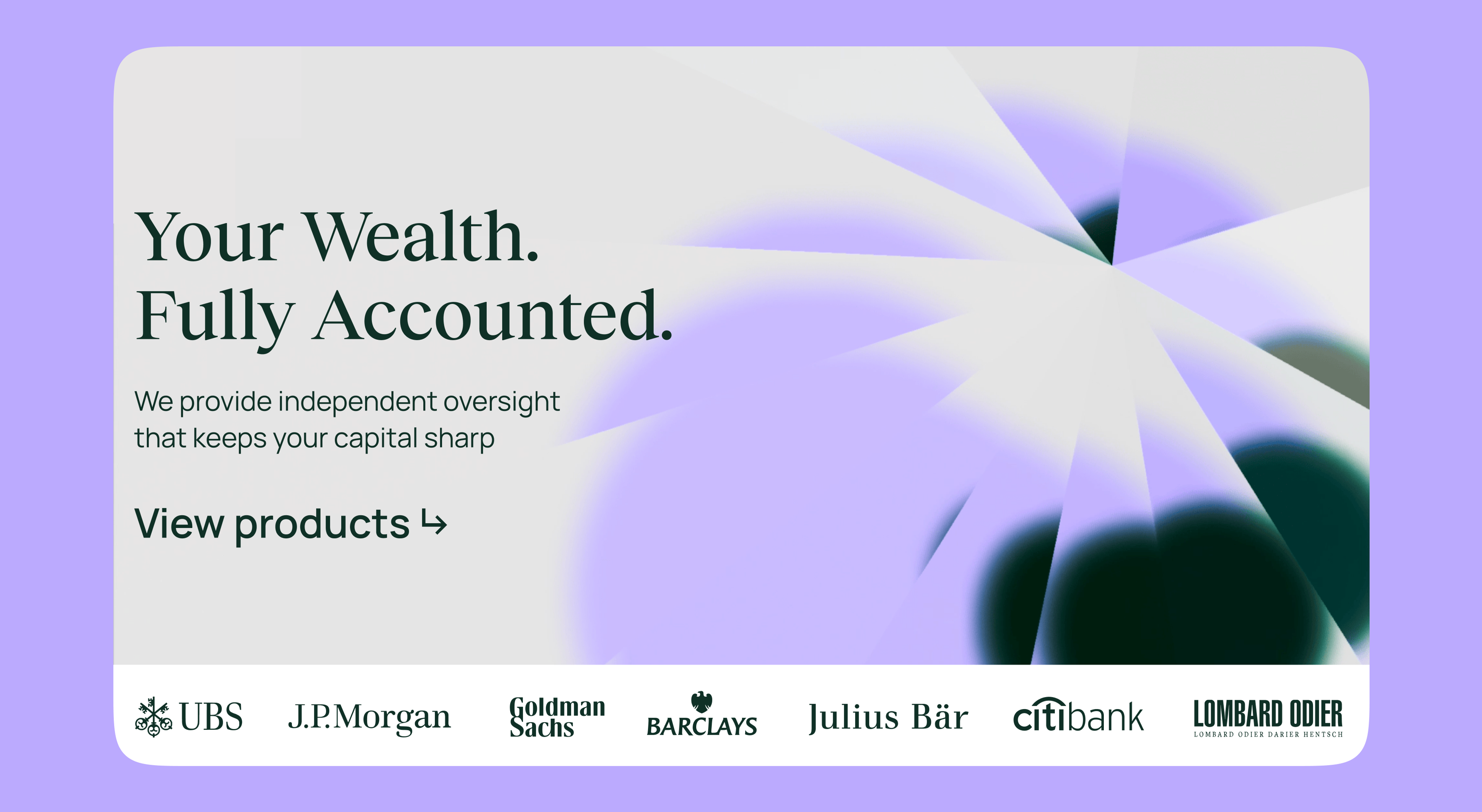 Greenlock website hero, “Your Wealth. Fully Accounted.”, above a row of partner bank logos
