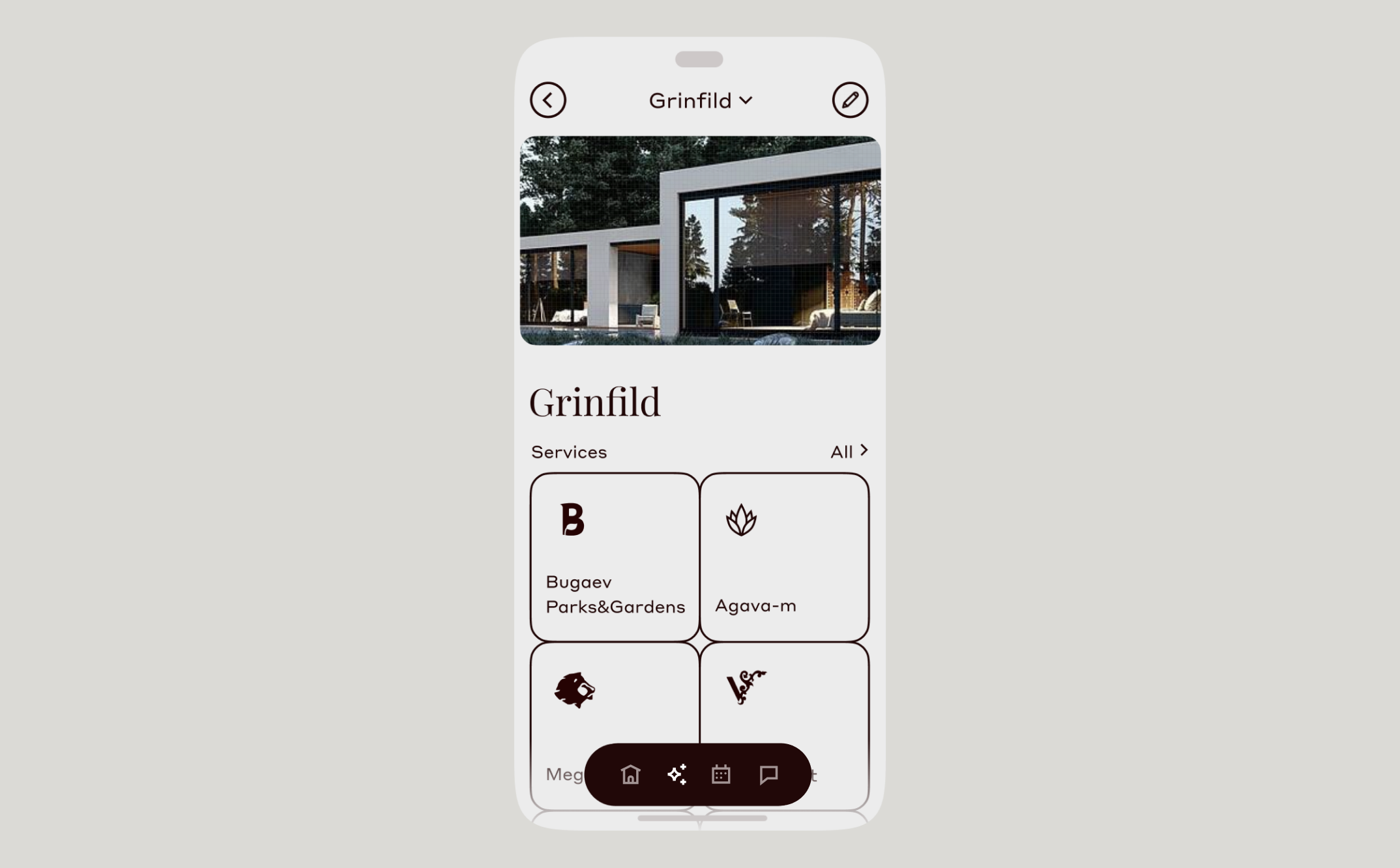Grinfild community services screen on a phone