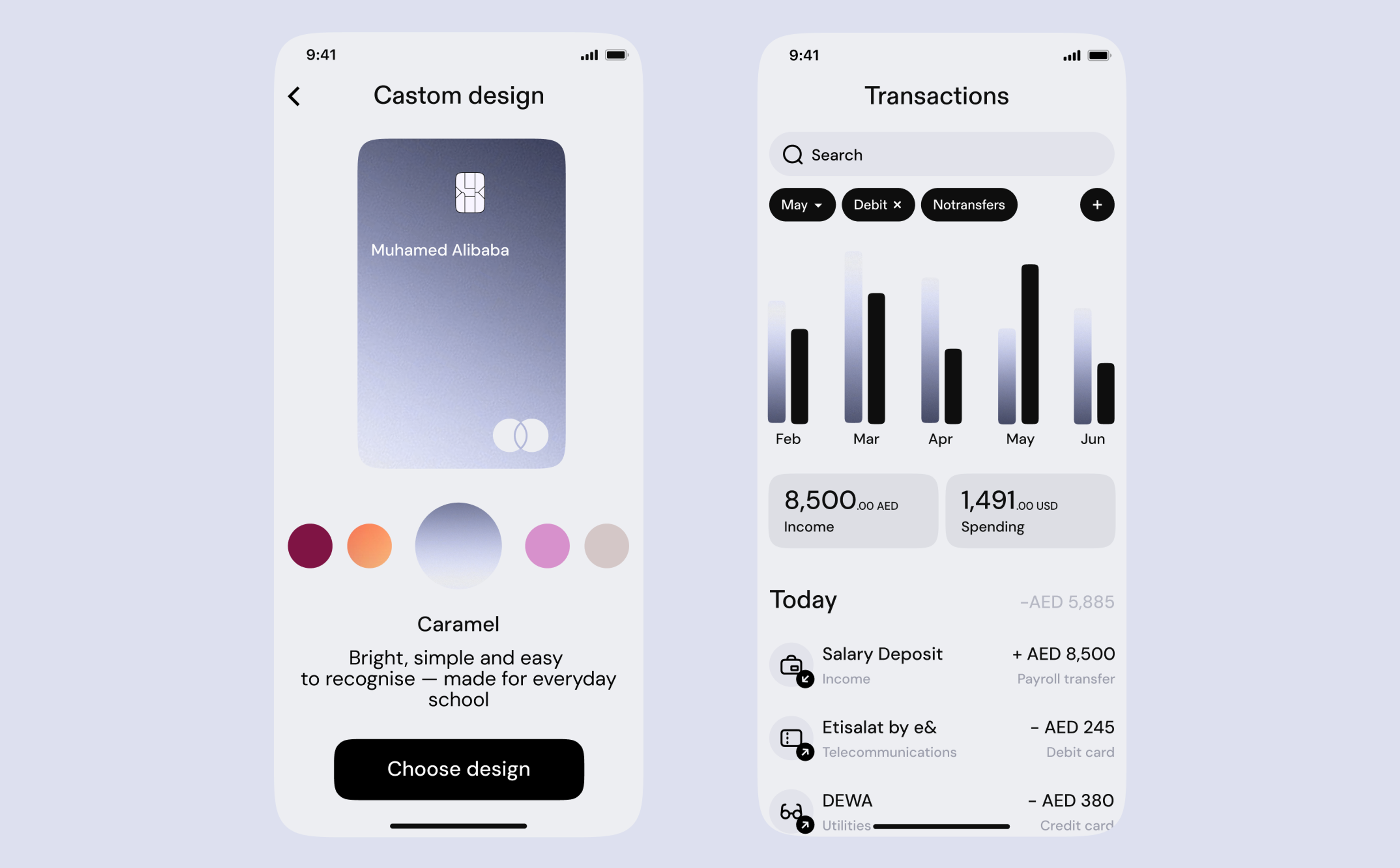 Custom card design and transactions screens on a phone
