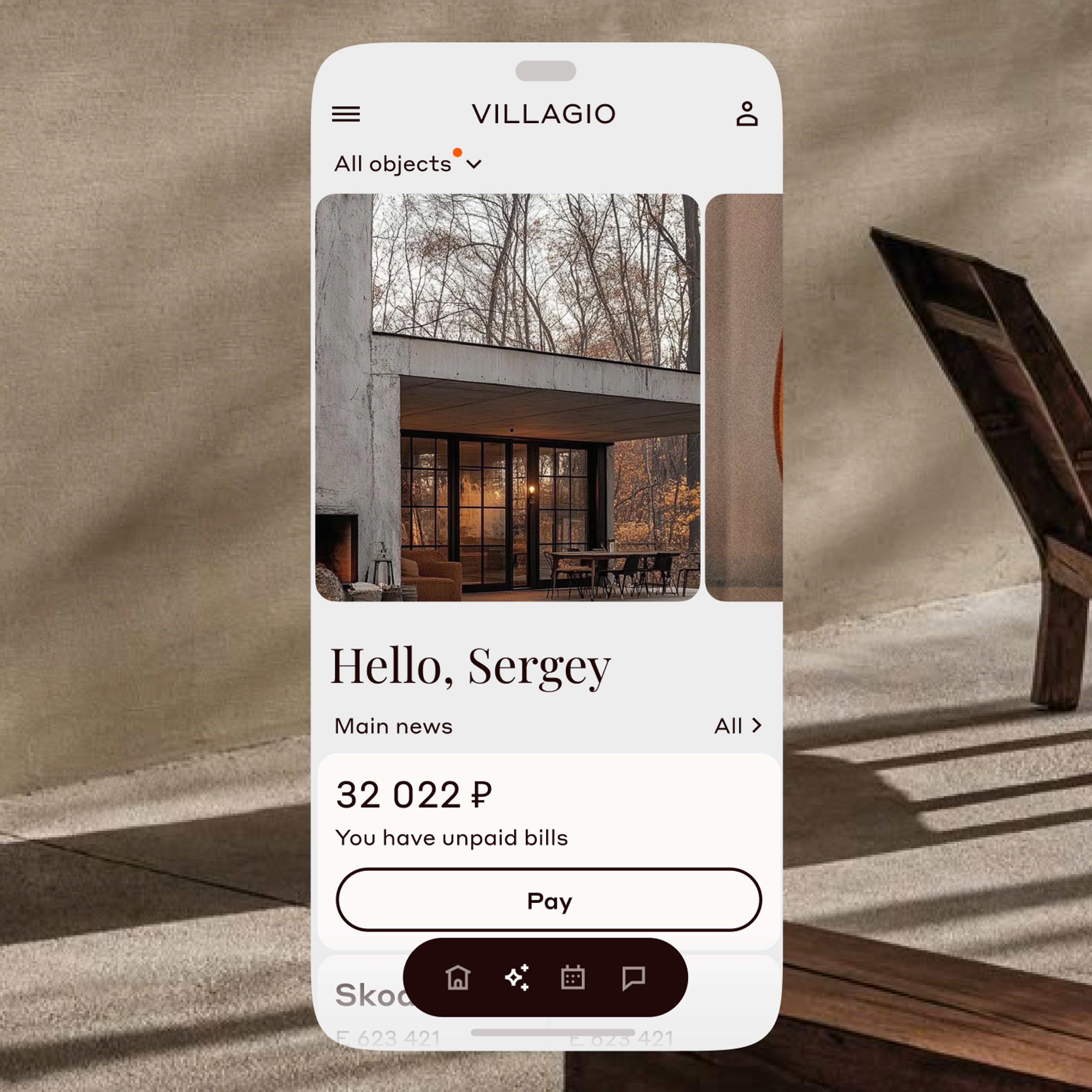 Villagio phone app: a resident's home screen with unpaid bills and a pay button