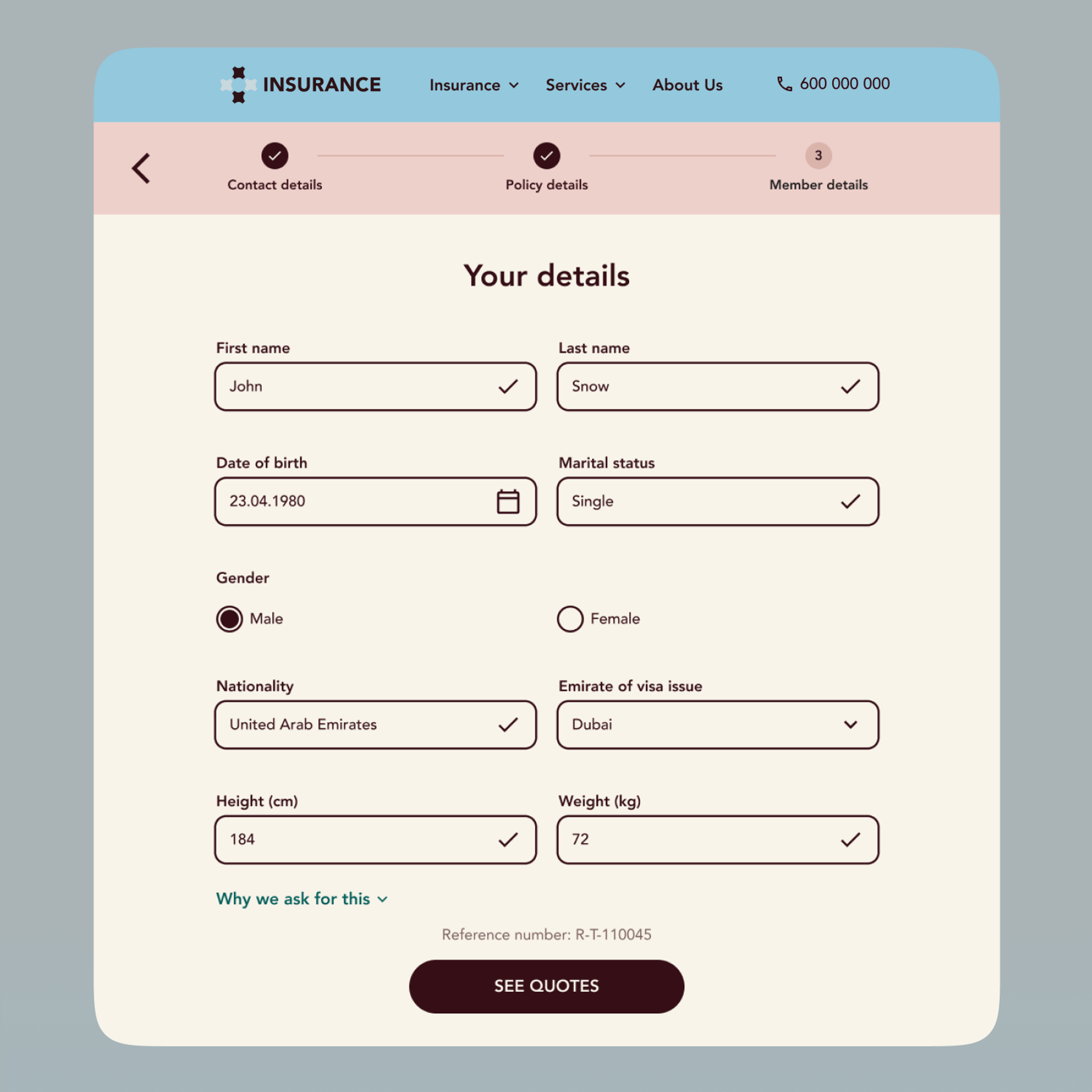 “Your details” form with name, date of birth, nationality and visa emirate