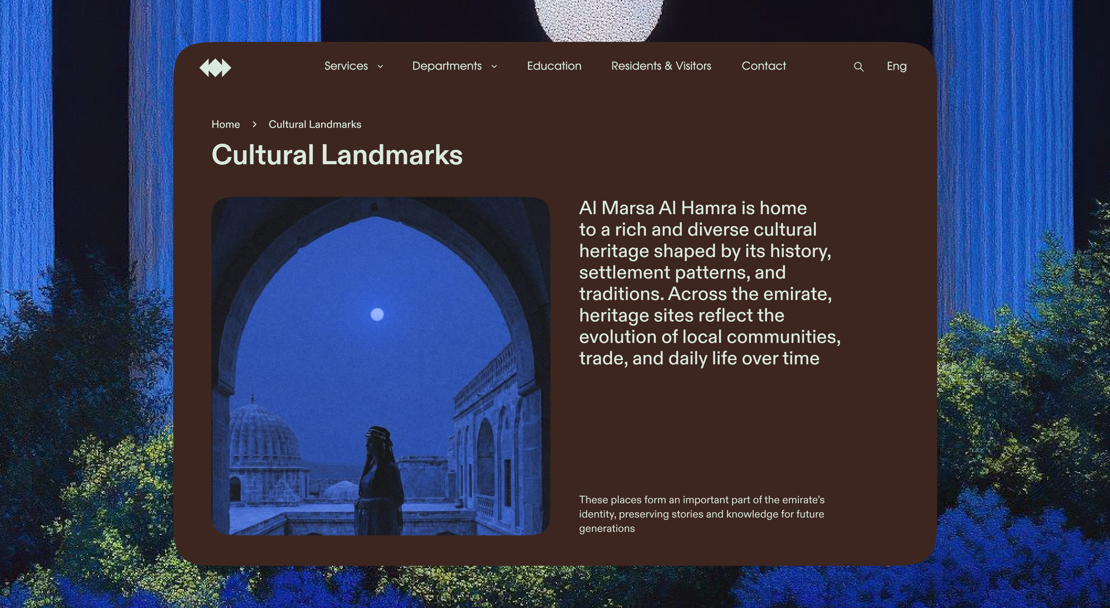 Cultural Landmarks page over a night photograph of a landmark