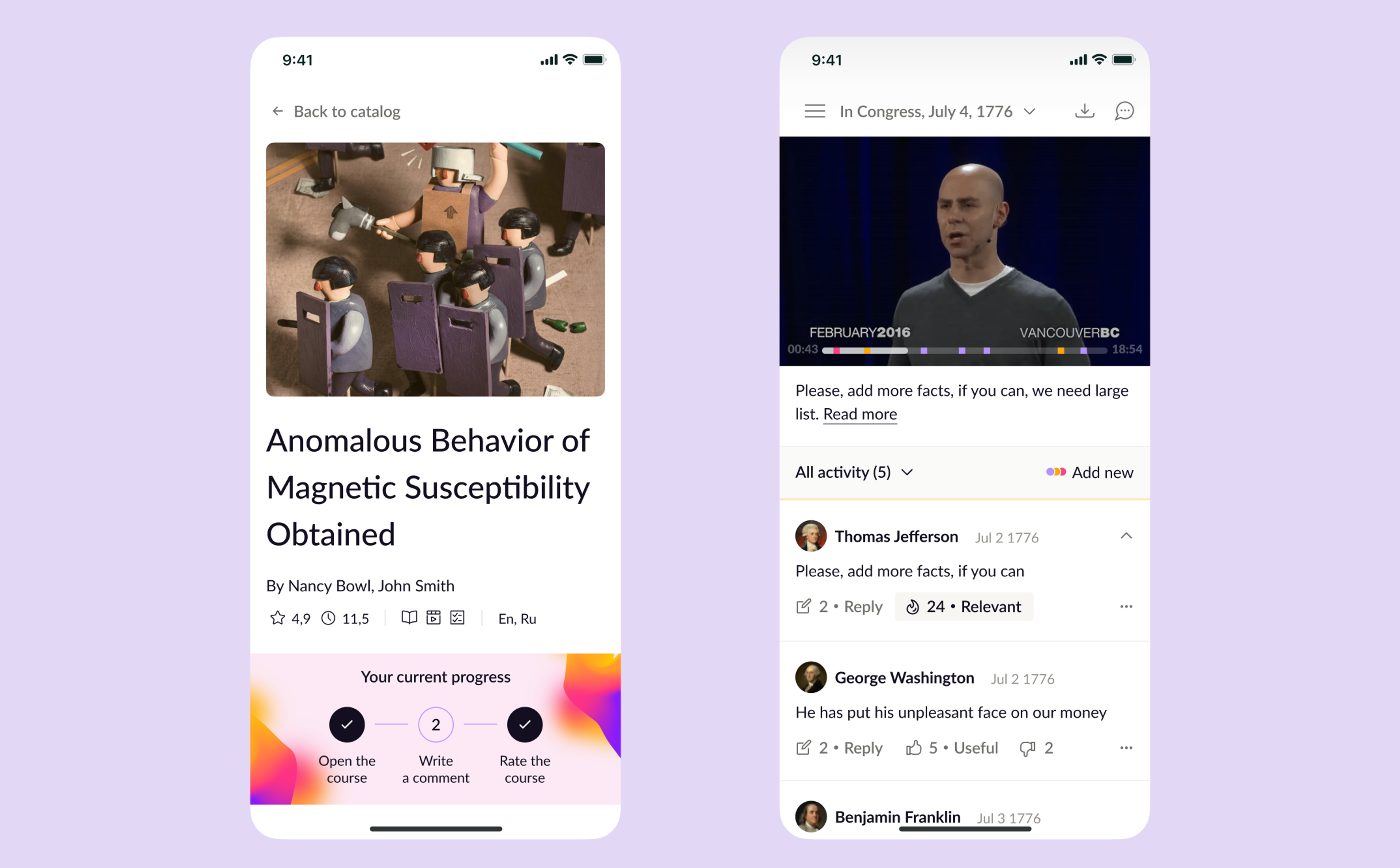 Lecture and comments screens on two phones