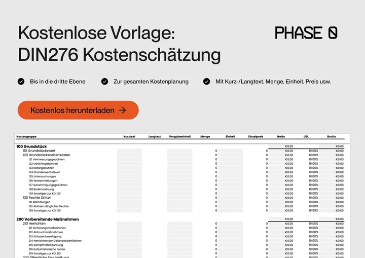 Gratis Excel Vorlage nach DIN 276 herunterladen