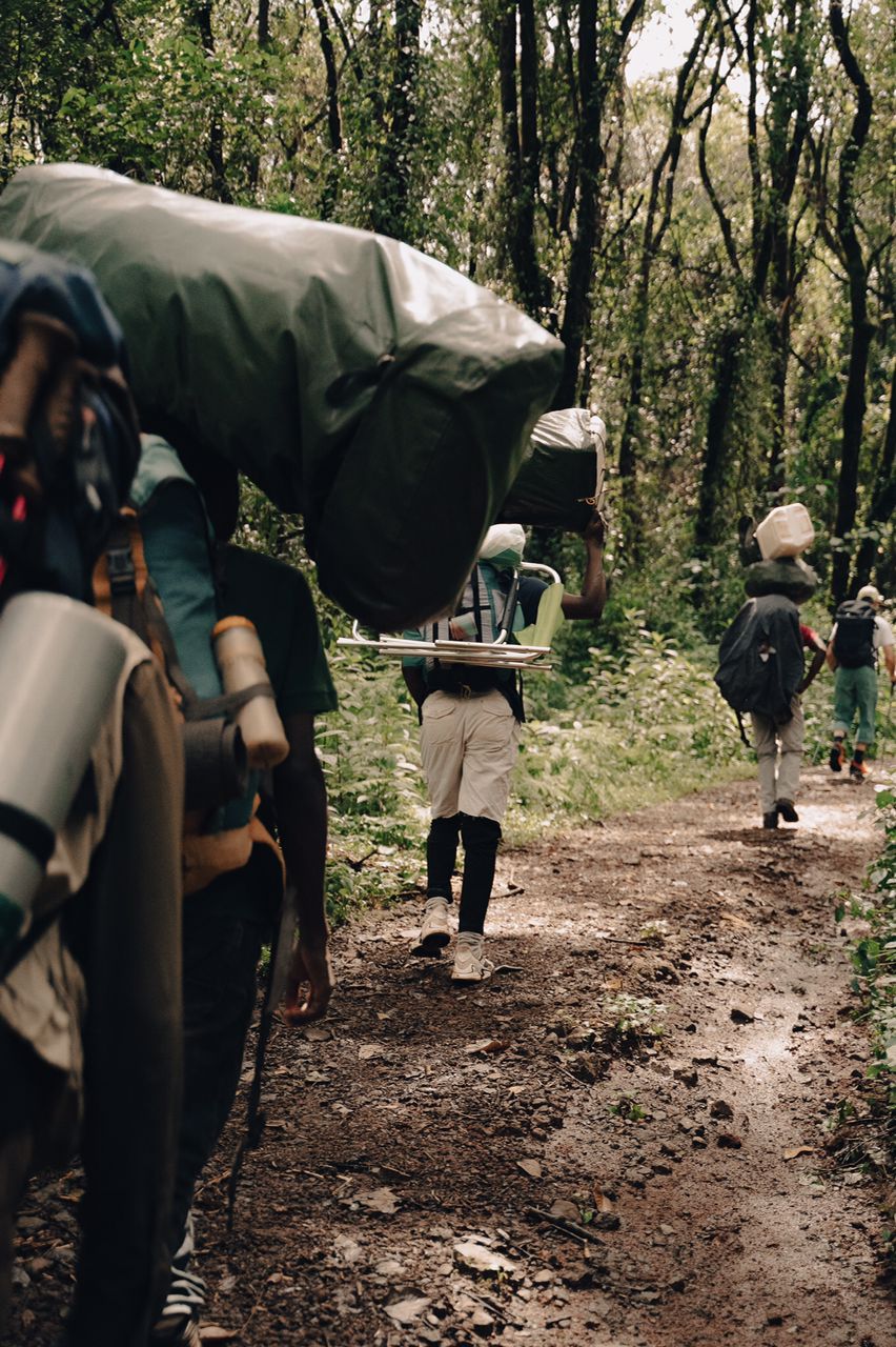 Hikers following a dirt path along Mount Kilimanjaro's Machame Route