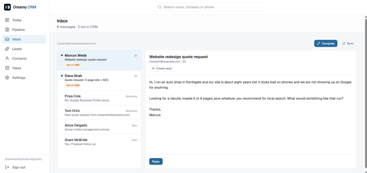 The Dreamy CRM inbox showing website quote requests, with one message open and a Create lead button.