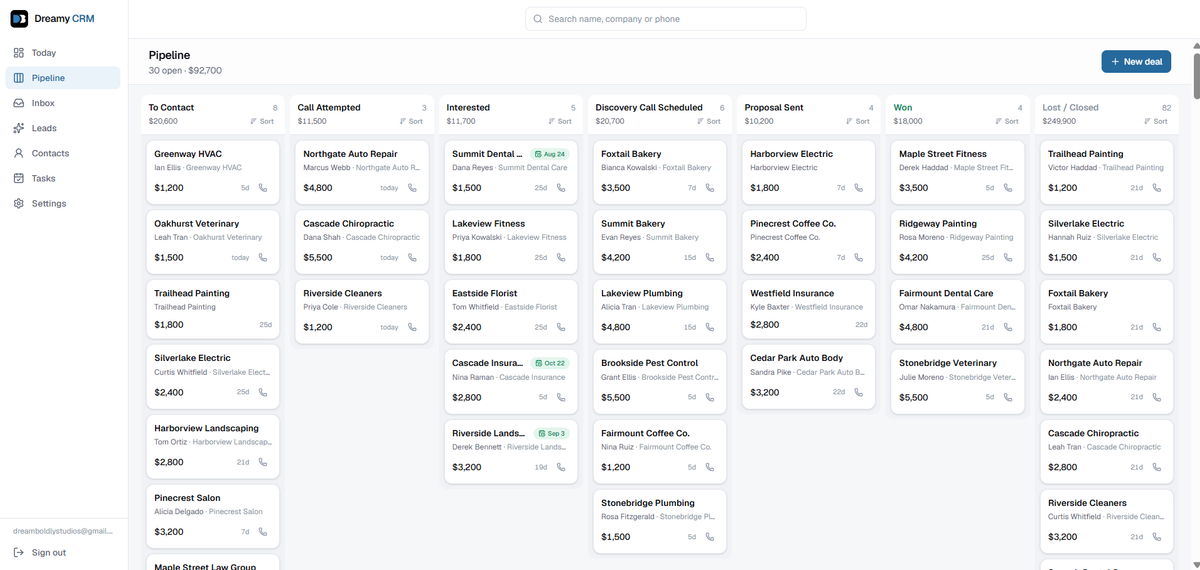 The Dreamy CRM pipeline board with deals spread across stages from To Contact through Won.