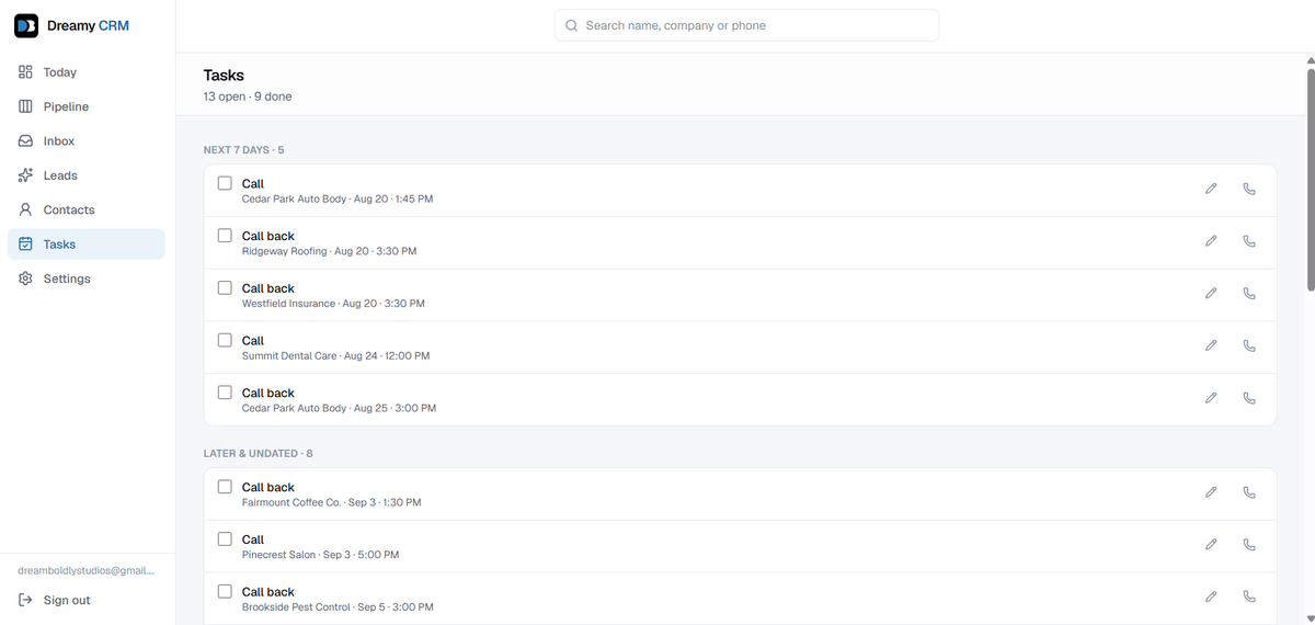 The Dreamy CRM tasks list showing scheduled call backs grouped by due date.