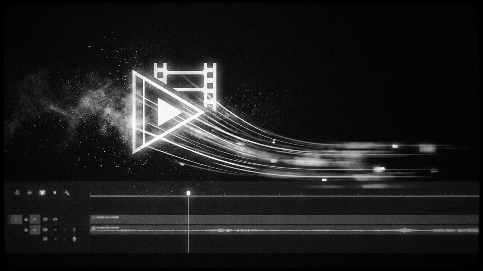 A glowing play button and film strip dissolving into light
