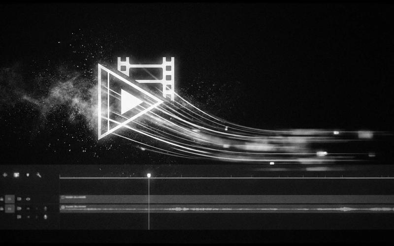 A glowing play button and film strip dissolving into light
