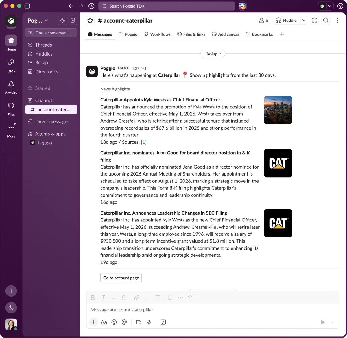 Poggio proactively alerts sellers to account updates in Slack.