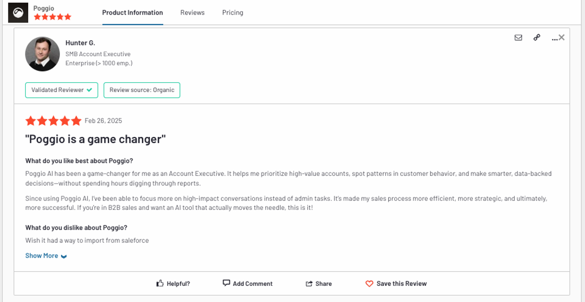 Customer review screenshot: "Poggio is a game changer" (5 stars)