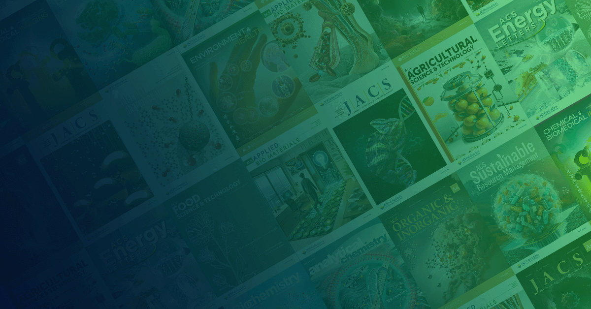 A collage of various scientific journal covers, featuring images and text related to chemistry, energy, and sustainability against a blue to green gradient background.