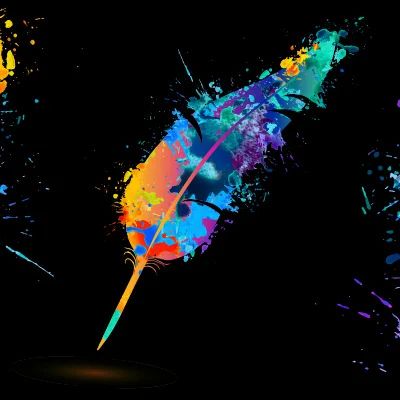 Digital illustration of a watercolor-style rainbow feather quill on a black background