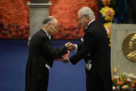 Satoshi Ōmura receives his Nobel Prize from H.M. King Carl XVI Gustaf of Sweden at the Stockholm Concert Hall, 10 December 2015.