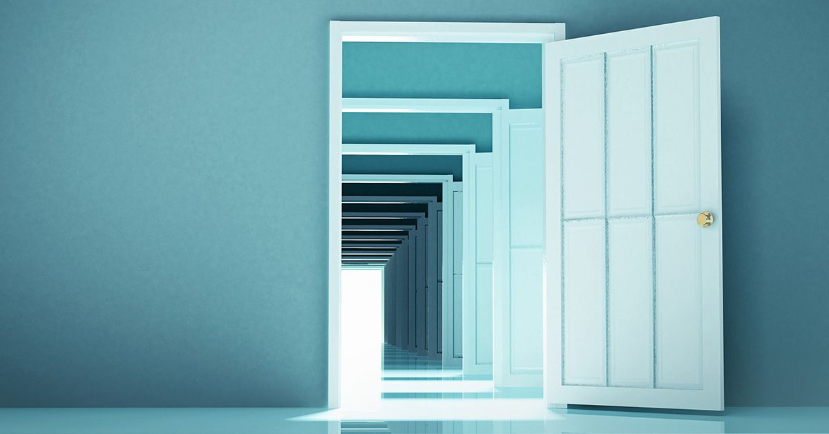 A series of doors receding into the distance, creating a tunnel effect with bright light at the far end, against a teal background.
