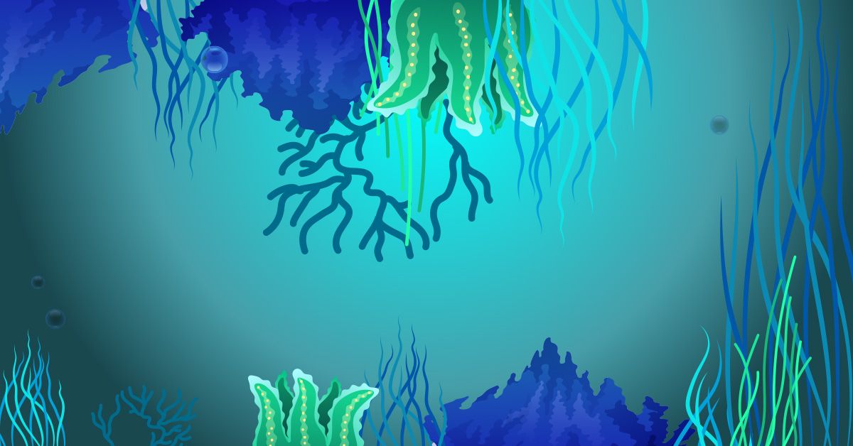 Digital illustration of algae in a blue and green underwater environment