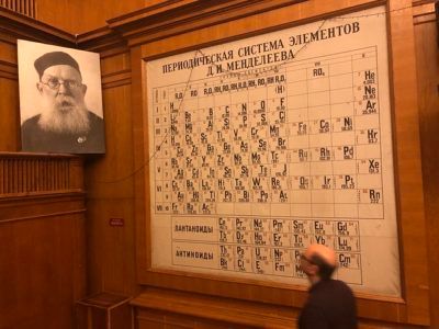 Photo courtesy of Alastair Cook: Professor Erick Carriera looks on at photo of luminaries at the N. D. Zelinsky Institute of Organic Chemistry, Moscow