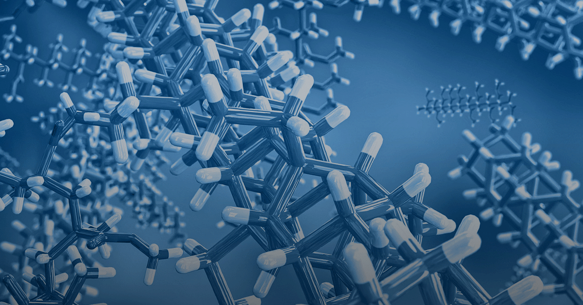 Close-up digital image of a polymer molecular structure with a blue color overlay