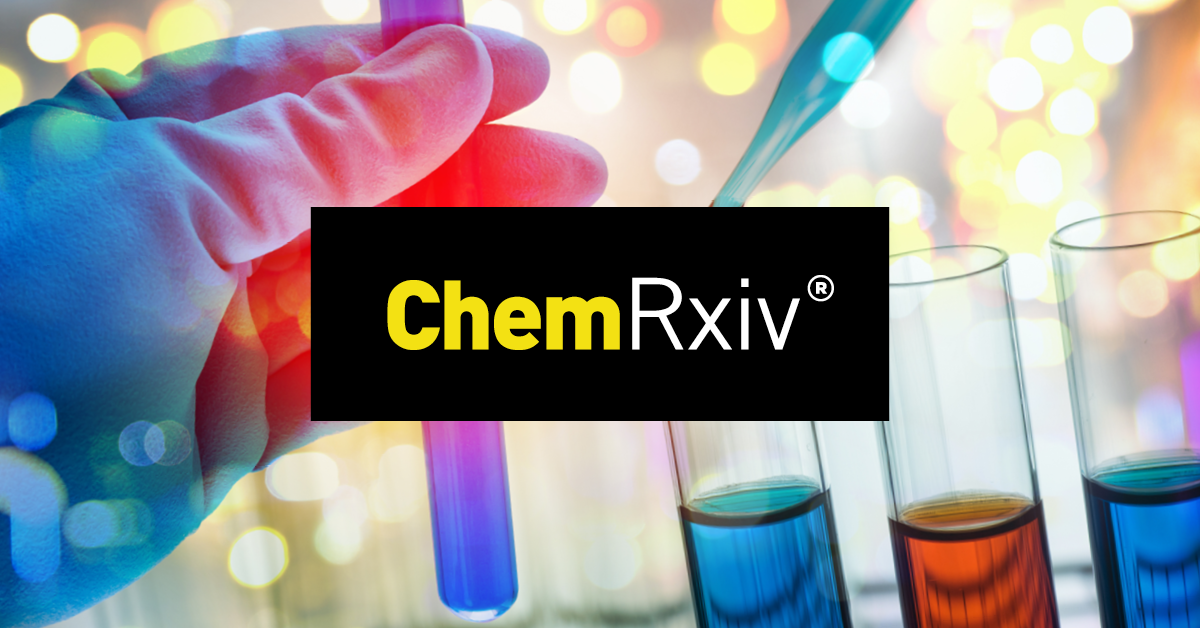 ChemRxiv logo in front of a gloved hand and test tubes