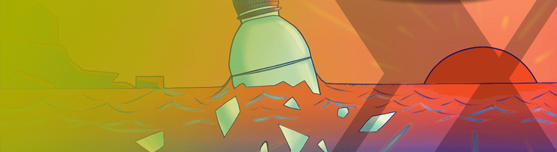 Illustration of plastic bottle and smaller plastic pieces floating in the ocean