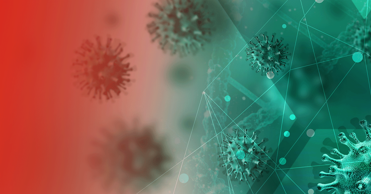 Virus cells on a red and teal background