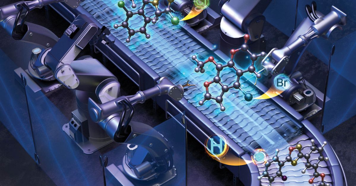 A digital illustration depicting machine-driven molecular editing in a conveyor belt, assembly line process.
