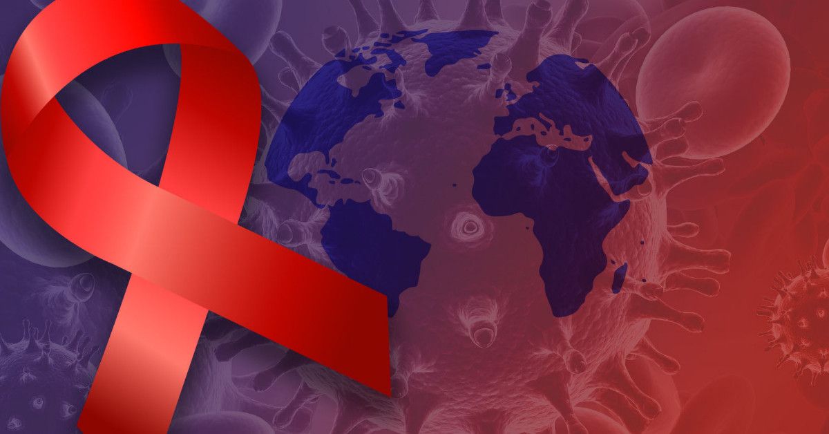 A graphic to commemorate world aids day, featuring a global map overlaid on scientific and biological imagery, with a bright red ribbon on the left.