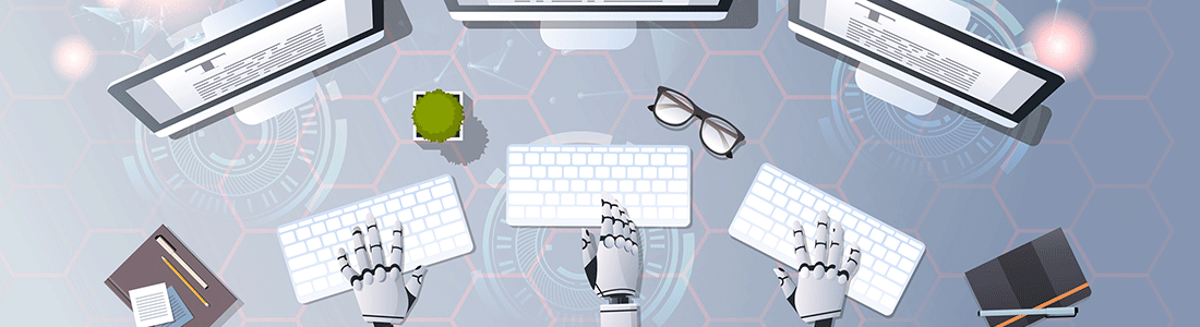 Digital illustration of three AI bot writers typing manuscripts