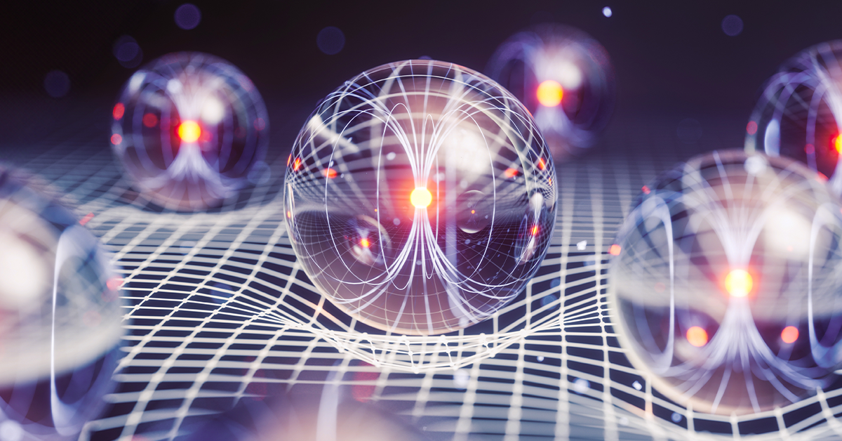 Transparent spheres with glowing cores hover over a grid surface, connected by light patterns against a dark background.