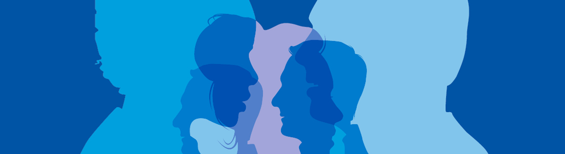 Digital illustration of multiple profile silhouettes in shades of blue and pink