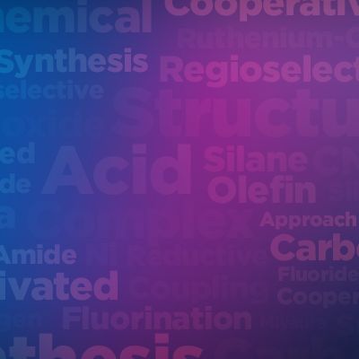 Blue and purple word cloud with various organic and inorganic chemistry terms