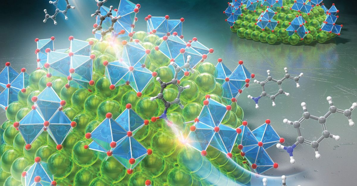 An abstract illustration depicting clusters of colorful molecular structures, including green spheres and blue tetrahedra.
