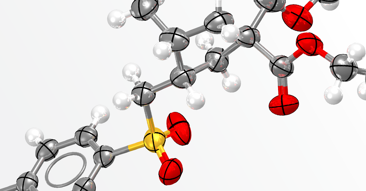 Digital artwork of a close-up organic molecule with silver, white, yellow, and red detail
