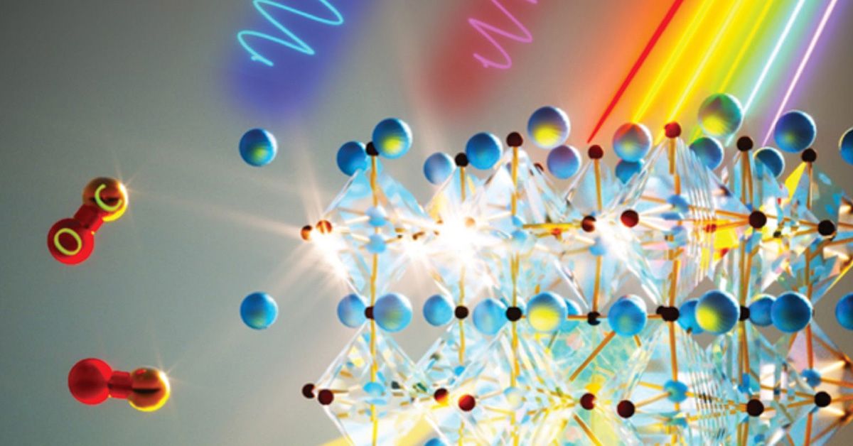 A digital rendering of a molecular structure featuring a prism of visible light hitting it from the top.