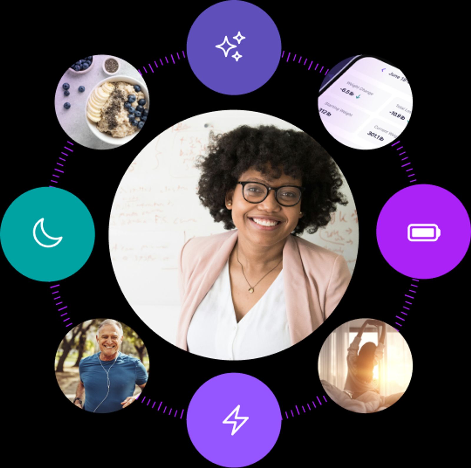 Smiling woman surrounded by icons representing health, nutrition, sleep, and fitness support