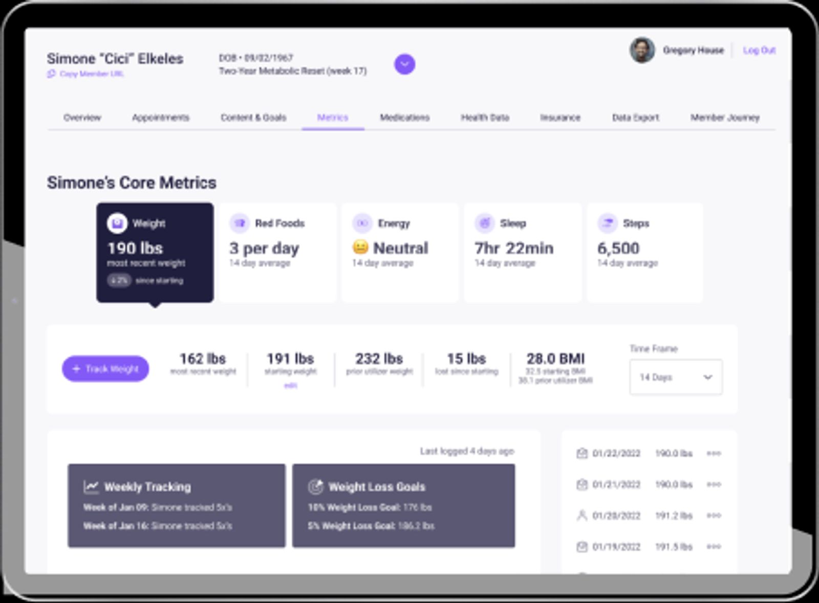 Tablet showing patient health metrics and weight tracking dashboard