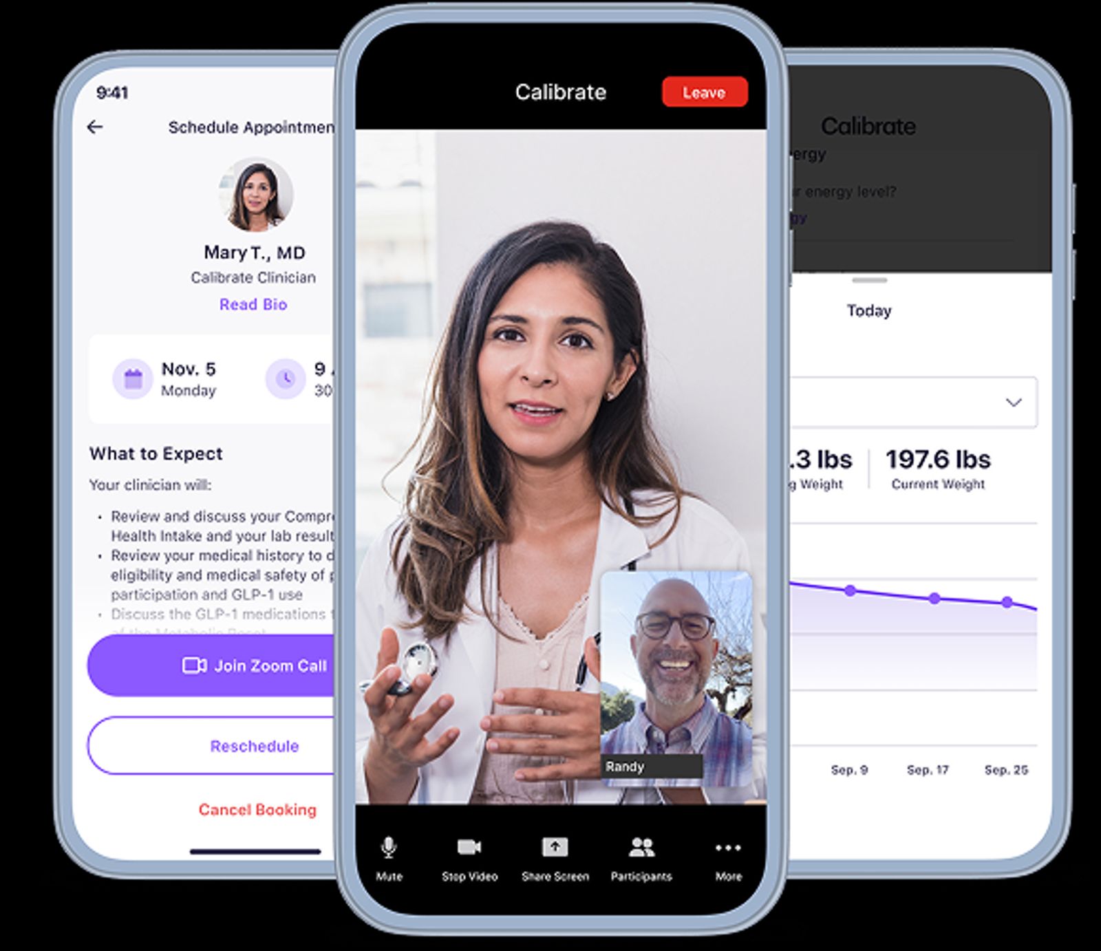 Mobile app screens showing virtual consultation with a clinician and patient progress tracking
