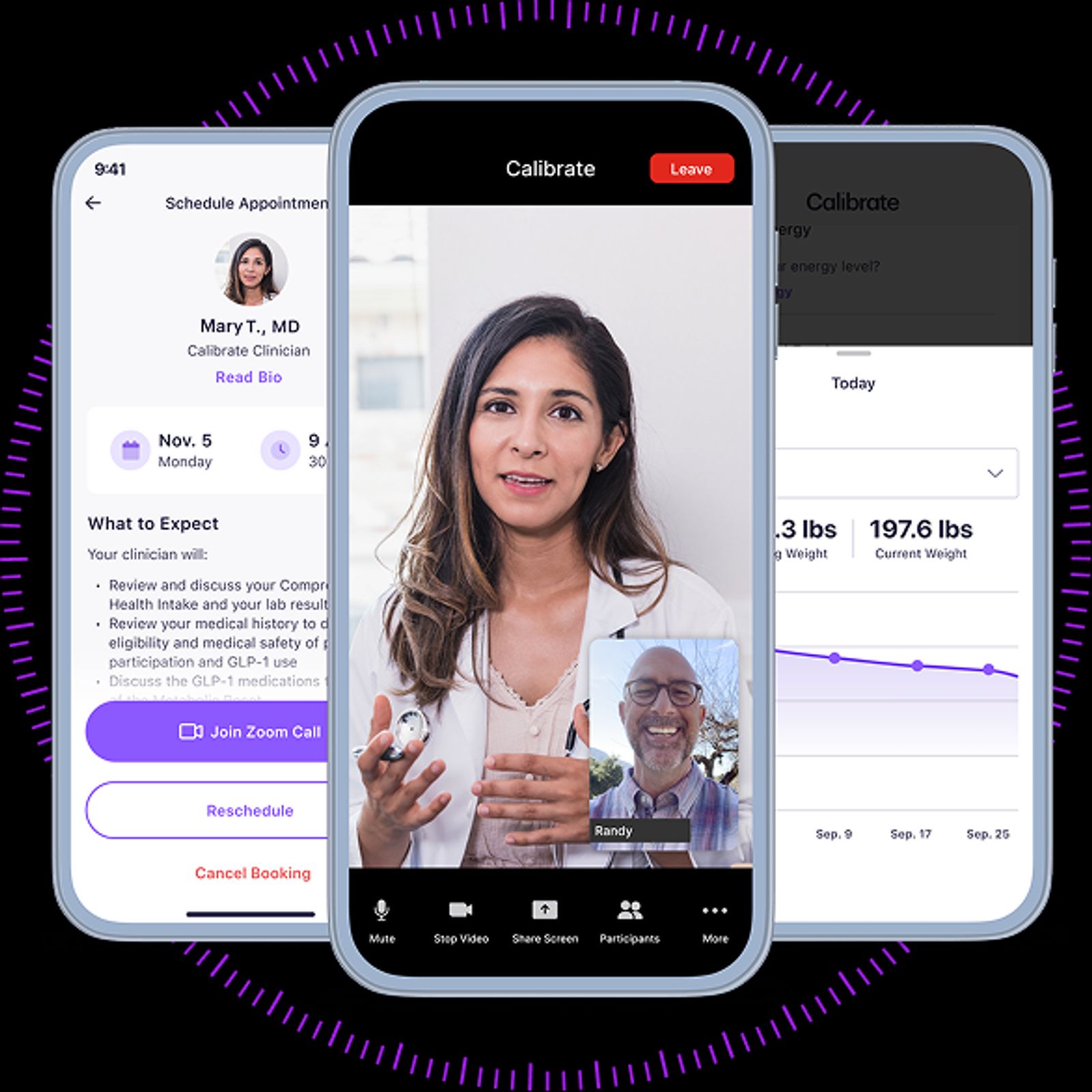 Mobile app screens showing virtual consultation with a clinician and patient progress tracking