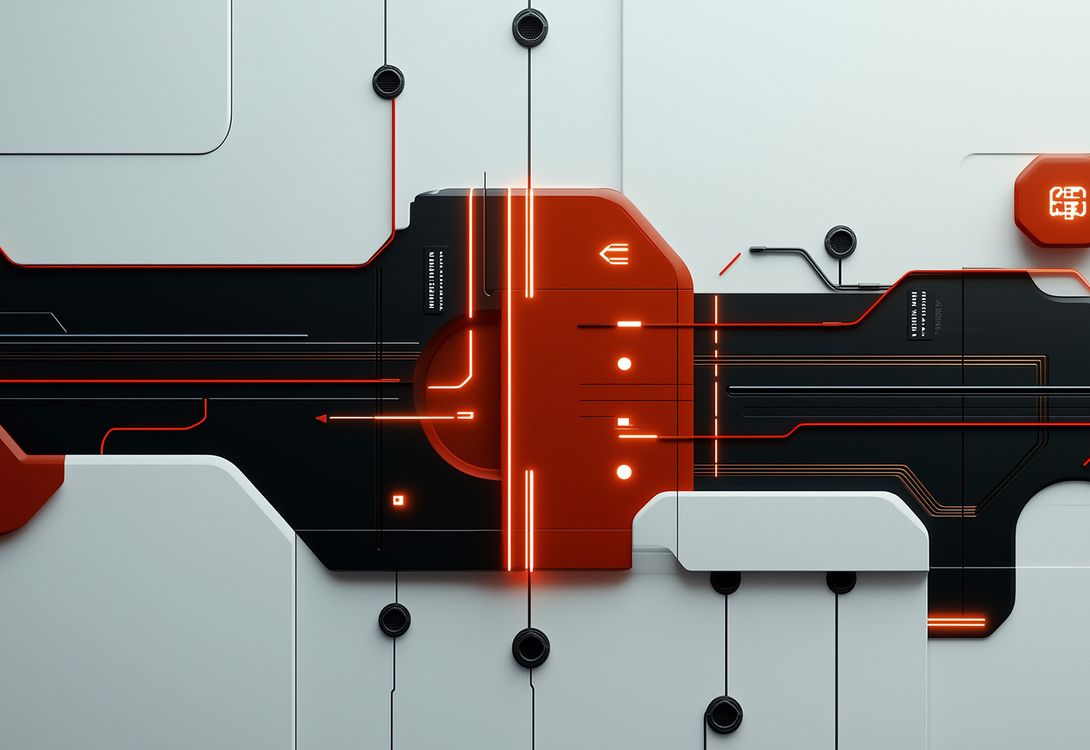 An abstract image of a geometirc black and red pattern over a white background, depicting a concept of an AI assistant