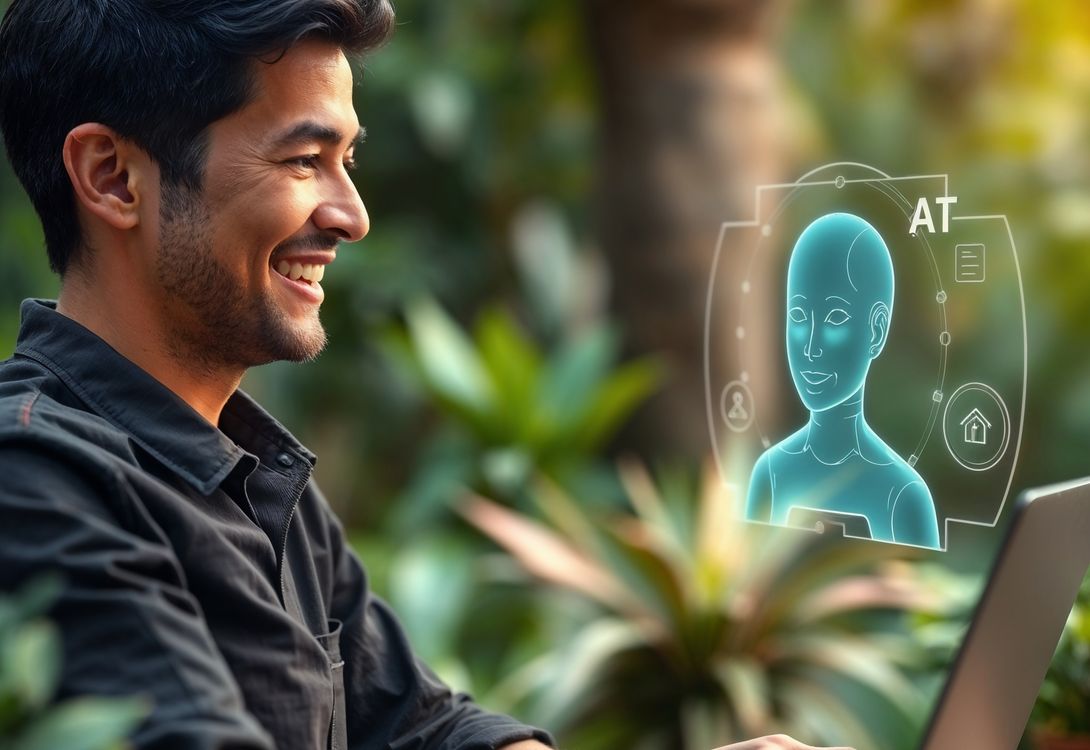 A man using a laptop which is projecting a futuristic hologram of an AI agent that he is interacting with