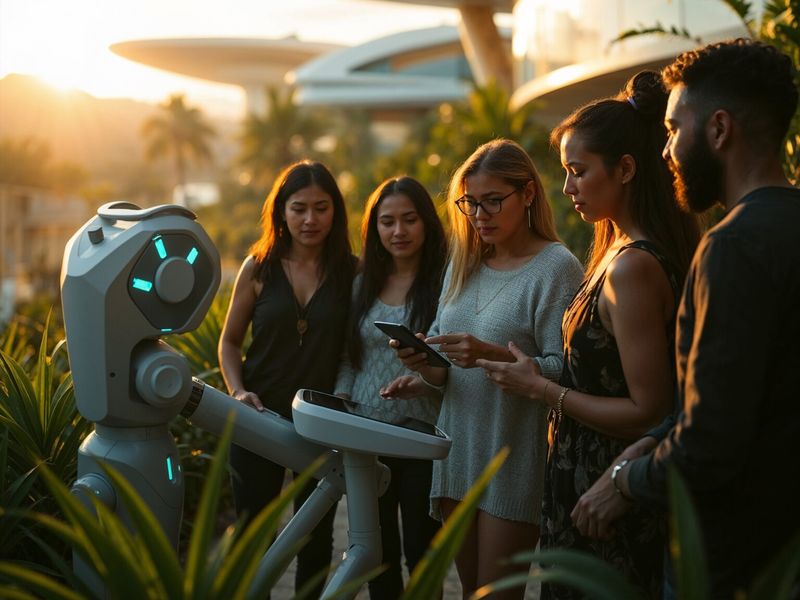 A group of people are interacting with a robot in a lush green environment with futuristic buildings in the background