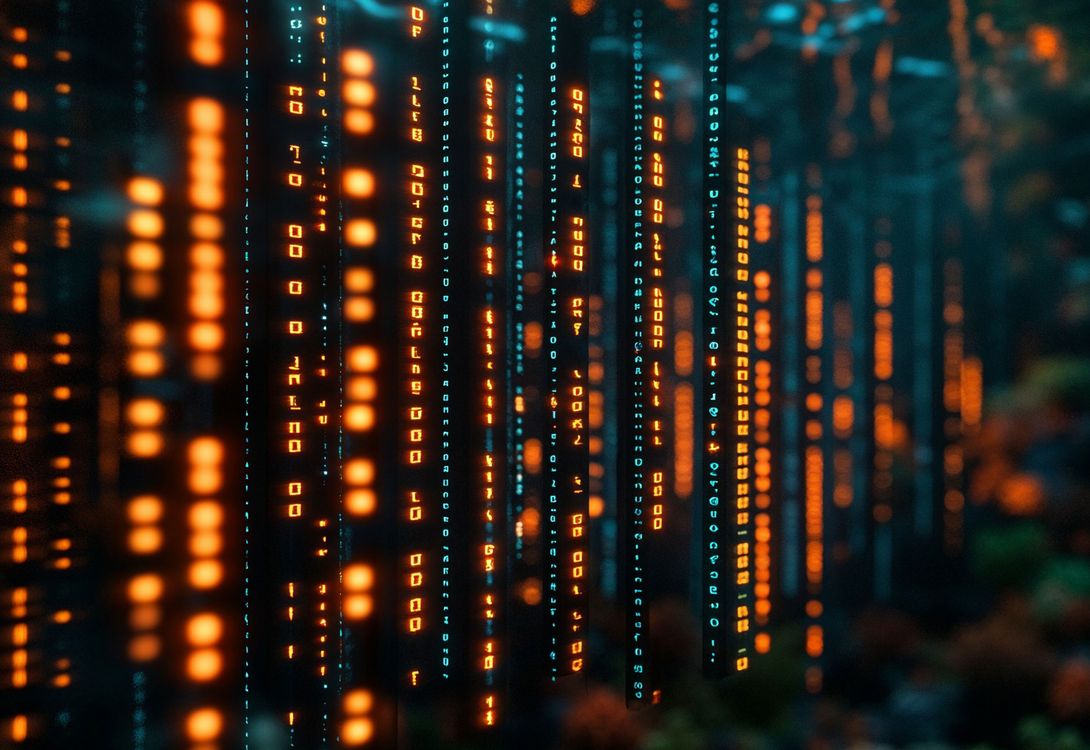 An abstract image of an underwater scene overlaid with blue and orange computer code