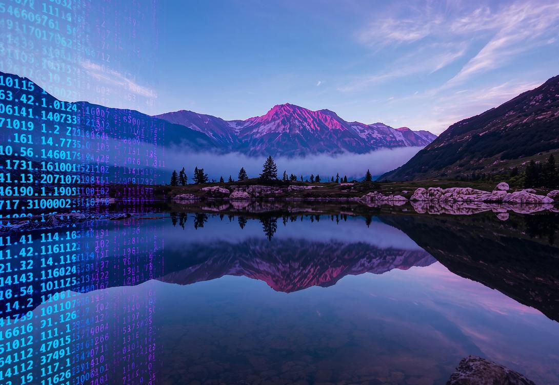 A double exposure image of a serene mountain lake overlaid with purple and blue computer code, highlighting the benefits of N-Able's MDR features