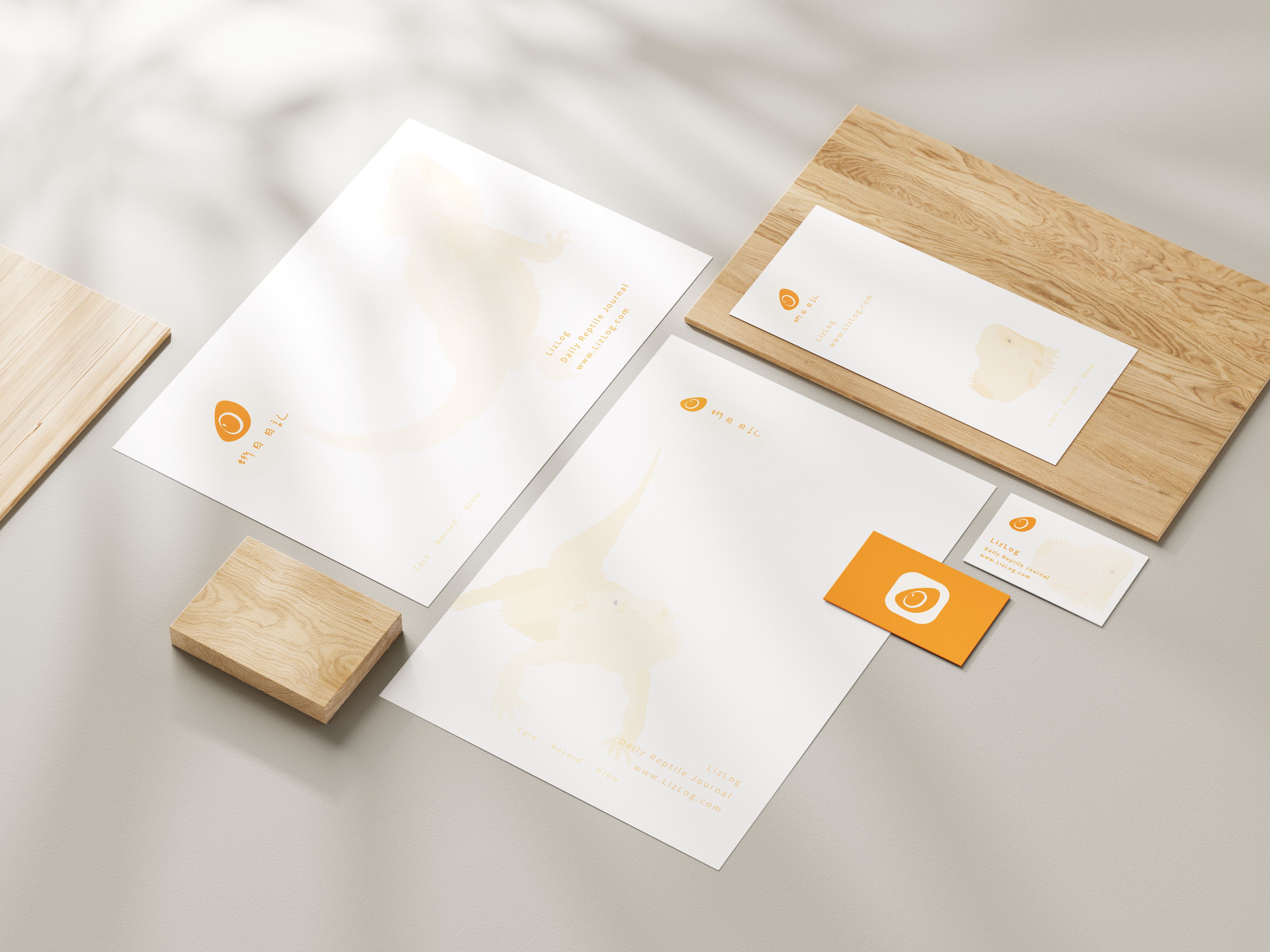 蜥日日記 Logo 與橘黃色彩應用於名片、信封與信紙的品牌 mockup。
